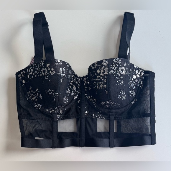 Victorias Secret Black Shine Lace Long Line Balconet Bra Silver Size 34C - Picture 2 of 7